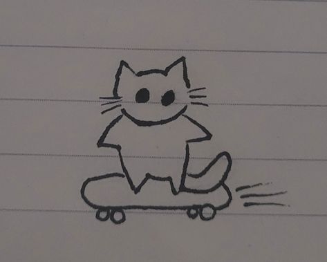 cat on skateboard doodle inspiration Skateboarding Cat Drawing, Skateboard Cat Tattoo, Cat On Skateboard Drawing, Small Cat Doodle, 80s Doodles, Skate Doodles, Drawing On Photos Instagram, Small Cat Drawing, Cat Doodle Easy