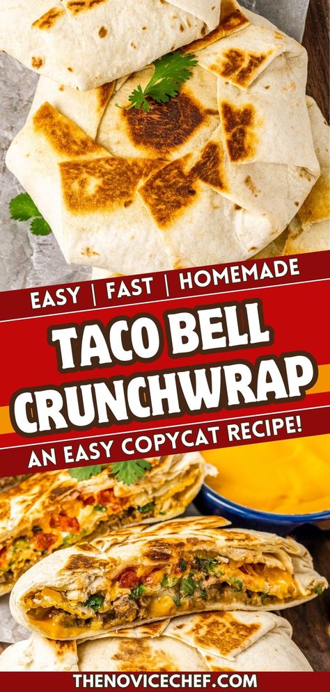 With this Taco Bell copycat recipe, you can enjoy a homemade crunchwrap supreme that is even better than the original! With seasoned ground beef, nacho cheese, lettuce, tomatoes, sour cream, and a crunchy tostada shell, this handheld dinner has everything you could want. Taco Bell Copycat Crunchwrap Supreme, Taco Bell Crunchwrap Supreme Recipe, Taco Bell Stacker Recipe, Yummy Taco Recipes, Toco Bell Crunch Wrap, Moes Recipes Copycat, Easy Crunch Wrap Recipe, Taco Bell Crunch Wrap Supreme Recipe, Homemade Taco Bell Crunch Wrap