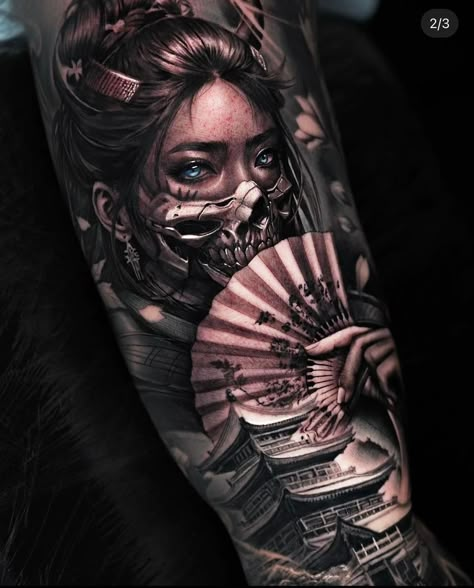 Japanese Tattoo Art Realism, Japanese Tattoo Realism, Geisha Arm Tattoo, Japanese Tattoos Geisha, Geisha Hannya Tattoo, Tattoo Realis, Oni Samurai Tattoo, Samurai Art Tattoo, Black Japanese Tattoo