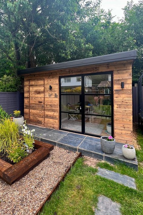 A garden office provides a quiet, dedicated area with serene garden views, allowing you to work more efficiently away from household distractions. Plus, they're quick to build—usually within just 20 days for simpler designs. Click to see more of this stunning home office.  #intothegardenroom #homeoffices #gardenoffices #gardenrooms⁠ Home Office In Garden, Garden Office Ideas On A Budget, Garden Room With Storage, Outdoor Shed Office, Small Garden Office Ideas, Garden Cabin Interior, Office Sheds Backyard, Adu Inspiration, Outdoor Office Space