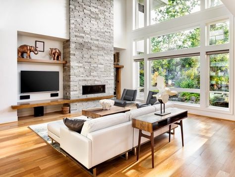 beautiful living room interior with honey oak wood floors furniture and fireplace Apartment Livingroom, Kitchen Apartment, White Furniture Living Room, Living Room Styles, Room With Fireplace, Honey Oak, Contemporary Style Homes, Contemporary House Plans, Living Room Remodel