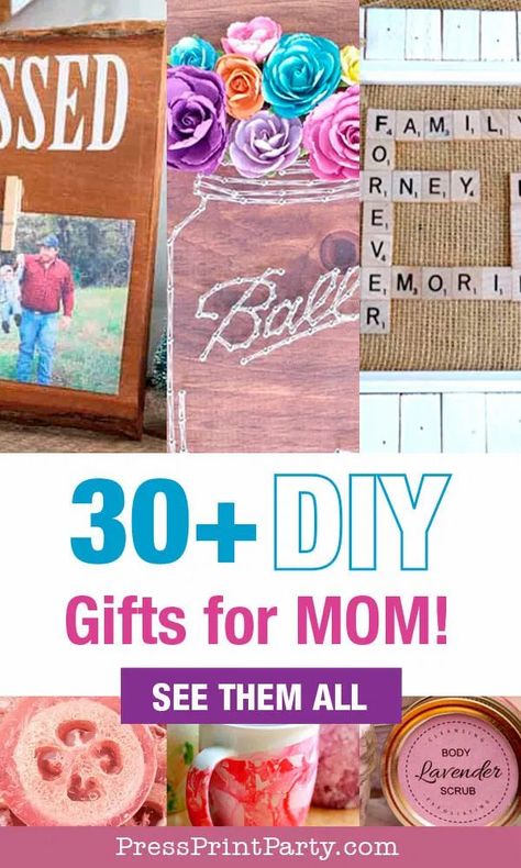 30 DIY Gifts for Mom for Christmas, Mother's day or her birthday. Find homemade ideas to give to mom. If you know how to sew, or like to work with wood, or can only wield a glue gun, there is something for you on this list. Great unique gifts to pamper mom and create keepsakes she will love and want. Great to give from daughter or some things even young kids can make for the mom who has everything. #giftsformom Press Print Party! Diy Mom Gifts From Daughter, Diy Birthday Gifts For Mom From Daughter Handmade, Diy Mom Christmas Gifts, Paper Flower Hanging, Flower Hanging Wall, Mason Jar String Art, Patriotic Crafts Diy, Homemade Gifts For Mom, Homemade Ideas