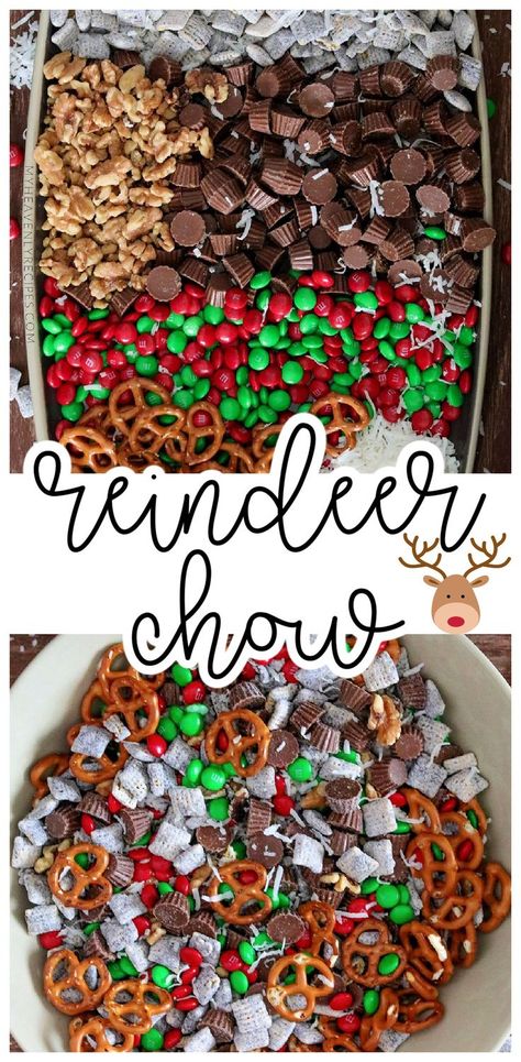 Christmas Party Snack Ideas For School, No Bake Christmas Snack Mix Recipes, Puppy Chow Christmas Reindeer Food, Easy Christmas Puppy Chow, Easy Christmas Eve Food Ideas, Christmas Reindeer Chow Recipe, Reindeer Trail Mix Kids, Christmas Reindeer Chex Mix Recipe, Reindeer Puppy Chow Recipe