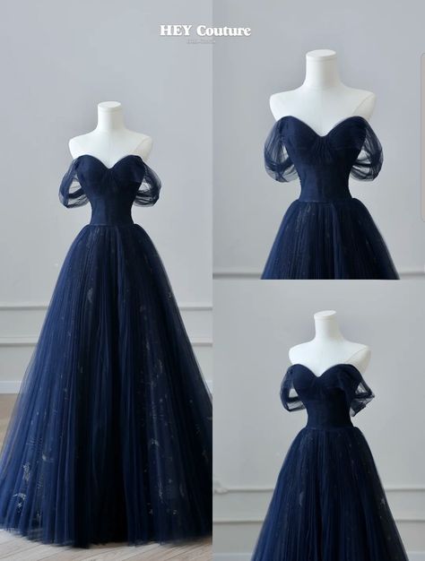 Prom Dresses Night Sky, Navy Blue Ballgown Dress, Raven Prom Dress, Dark Blue Puffy Prom Dresses, Prom Dress Fair Skin, Bookish Prom Dress, Off The Shoulder Ball Gown Prom, Celestial Sweet 16 Dress, Starry Night Prom Dress Ideas