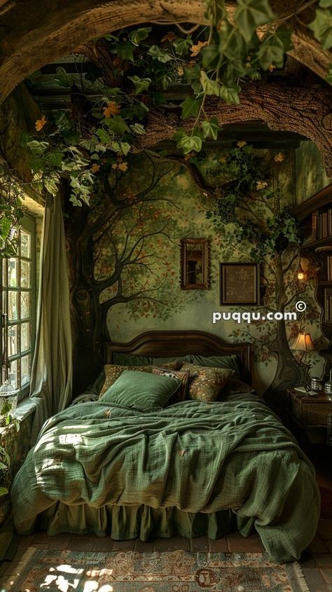 Small Room Cottagecore, Fantasy Theme Bedroom, Cottagecore Themed Room, Book Room Ideas Aesthetic, Fantasy Inspired Home, Forest Aesthetic Interior Design, Nature Witch Bedroom, Cute Cottagecore Bedroom, Room Forest Aesthetic