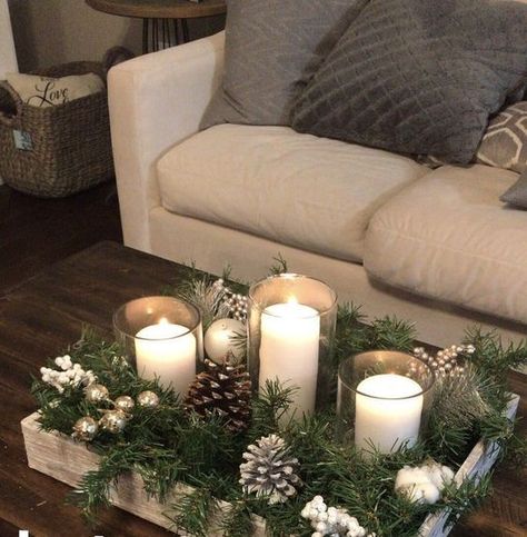 60 DIY Dollar Tree Christmas Decor and Crafts Ideas to Get your Home Christmas Ready in a Jiffy - Hike n Dip Dark Kitchen Christmas Decor, Dining Table Center Piece Ideas Modern, Top Of Refrigerator Christmas Decor, Holiday Entry Table Decor, Christmas Decor For Entertainment Center, Ottoman Tray Decor Ideas Christmas, Minimal Winter Decor, Modern Chic Christmas Decor, Vase Christmas Decorations