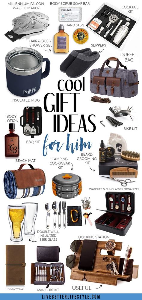 Gift guide for him - Best holiday gift ideas for men, perfect for husbands, dads, friends or co-workers. Best Christmas Gifts For Him, Work Gifts For Men, 40th Birthday Ideas For Men Husband Unique Gifts, Mens Gift Basket Ideas Christmas, Ideas For Men Gifts, Things To Put In A Gift Basket For Him, Garage Gifts For Men, 40th Gift Ideas For Men, Handmade Gifts For Dad Birthday