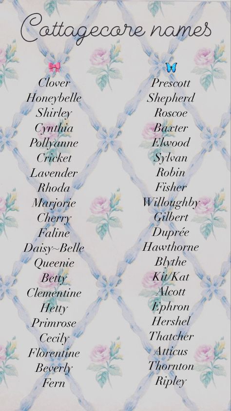 Aesthetic, cottagecore baby name list Cottage Core Alphabet, Flower Related Names, Cottage Core Names List, Mushroom Names Aesthetic, Names For Fairies, Cottagecore Pet Names, Cute Fairy Names, Cottagecore Last Names, Cottagecore Cat Names