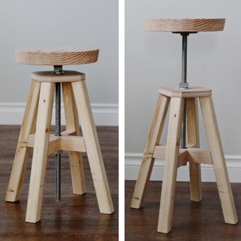 How To Build An Adjustable Height Wood And Metal Stool Workshop Stool Diy, Adjustable Height Chair, Diy Kitchen Stools, Diy Swivel Bar Stools, Diy Bar Chairs, Barstool Diy, Farmhouse Furniture Diy, Bar Chairs Diy, Workbench Stool