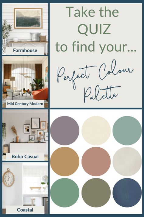 Take the quiz to find out your Perfect Design Color Style! Cottage Color Scheme Interior, Farmhouse Office Color Scheme, Ranch Style Color Palette, Color Combos For Home Decor, Color Palette Modern Farmhouse, House Interior Colour Palette, Paint Schemes For The Home, Craft Room Color Palette, English Country Cottage Color Palette