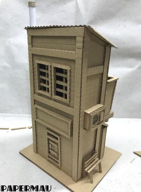 Diy Play House, Cardboard Art Sculpture, Cardboard Box Houses, Cardboard Props, Cardboard City, Cardboard Model, House Template, Doll House Crafts, Pinterest Diy Crafts