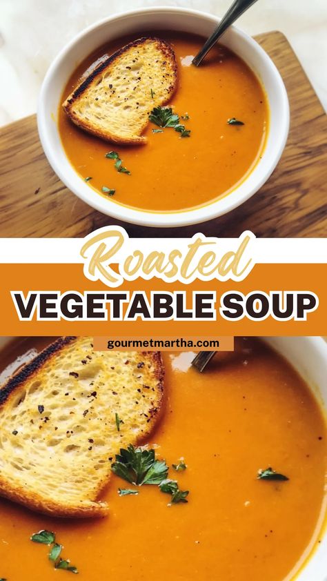 Craving a comforting bowl of warmth? This Roasted Vegetable Soup recipe is packed with flavor from perfectly caramelized veggies. It’s healthy, hearty, and the ultimate fall or winter dish! Ready to cook? Click for the recipe. #RoastedVegetableSoup #HealthySoup #FallSoup #WinterRecipes #VegetarianSoup #ComfortFood #SoupRecipe #VegetableSoup #HealthyEating #EasyRecipes Roasted Veg Soup Recipes, Toasted Vegetable Soup, Purred Soups Healthy, Roasted Veggie Soup Recipes, Roasted Vegetable Soup Recipes, Roasted Vegetables Soup, Roasted Soup Recipes, Roast Vegetable Soup, Roasted Veg Soup