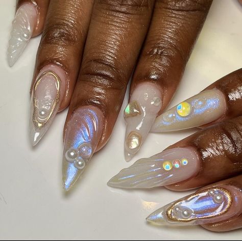 Fairy Chrome Nails, Chrome Wave Nails, Ocean Chrome Nails, Korean Clear Nails, Pearl Beach Nails, Ocean Pearl Nails, Beach 3d Nails, White Ethereal Nails, 3d Beach Nails