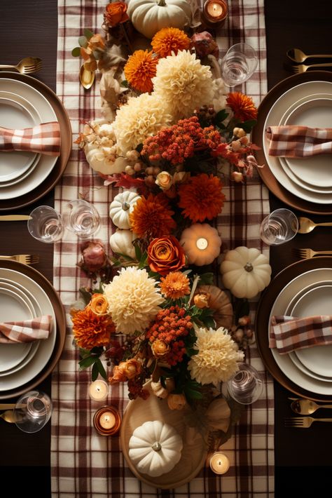 Plaid Table Runners: Simple Sophistication Add a touch of simple sophistication with plaid table runners. Explore easy ways to style your Thanksgiving table for a cozy and elegant celebration. Fall Decor Thanksgiving, Table Settings Thanksgiving Dinner, Thanks Giving Dinner Decorations, Fall Brunch Table Decor, Autumn Dinner Party Decor, Thanksgiving Table Settings Elegant Dining Room, November Table Decor, Thanksgiving Table Garland, Harvest Party Decor