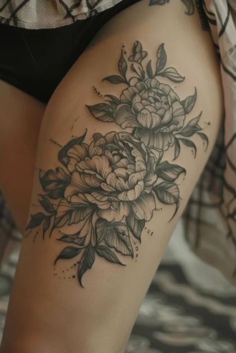 Women's Floral Thigh Tattoo Ideas Thigh Tattoo Placement Ideas, Tattoo Across Thigh, Top Of Thigh Tattoo, Outer Thigh Tattoos Women, Flower Hip Tattoo Thigh Piece, Feminine Thigh Tattoos Women, Thigh Tattoo Flower, Thigh Cover Up Tattoo Women, Thigh Tattoo Placement