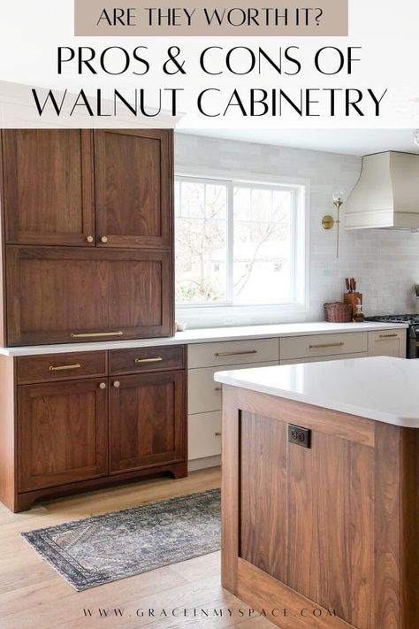 Walnut kitchen cabinets are trending. But should they be? Learn the pros and cons of walnut kitchen cabinets, plus some current design ideas! #walnutkitchen #walnutcabinetry #walnutkitchendesign #kitchendesign #walnutcabinets #kitchendesignideas #woodkitchencabinets Flooring For Walnut Cabinets, Maple Cabinets Quartz Countertops, Clear Walnut Kitchen Cabinets, White Oak Floors With Walnut Cabinets, Mushroom Kitchen Cabinets With Wood Island, White Trim With Wood Cabinets, Walnut Kitchen Cabinets With Painted Island, Walnut Cabinet Hardware, White Kitchen With Walnut Accents