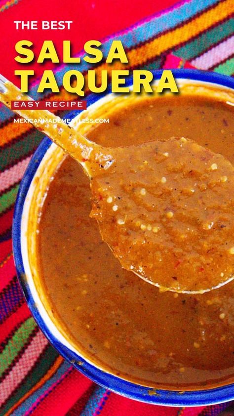 Do you ever wish your favorite taco shops would give you their secret salsa taquera recipe? Wish no more because with my easy recipe you’ll always have a delicious and spicy taco salsa. Mexican Tacos With Dipping Sauce, Easy Spicy Salsa Recipe, Mexican Hot Sauce For Tacos, Spicy Mexican Sauce For Tacos, Authentic Salsa Roja, Home Made Taco Sauce, Salsa Authentic Mexican, Taco Sauce Recipe Mexican, Pork In Red Sauce Mexican