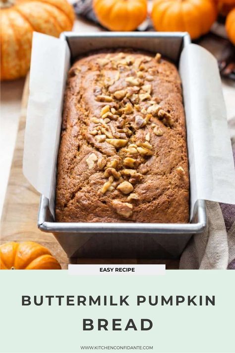 Fill your home with the aroma of autumn when you bake this recipe for spicy and tender homemade Buttermilk Pumpkin Bread. Bread Using Buttermilk, Pumpkin Bread Made With Buttermilk, Pumpkin Bread Buttermilk, Pumpkin And Buttermilk Recipes, Breads With Buttermilk, Buttermilk Quick Bread Recipes, Pumpkin Bread With Buttermilk, Buttermilk Recipes Healthy, Bread Recipes With Buttermilk