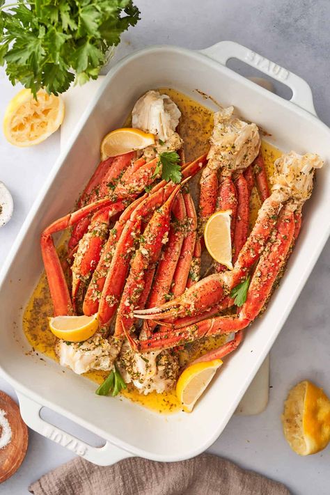 How To Cook Crab Legs In The Oven, Sheet Pan Crab Boil, Crab Legs Baked, Easy Crab Legs How To Cook, Spicy Crab Legs Recipe, Crab Clusters In Oven, Crab Topped Steak, Crab Legs And Steak Dinner, Crab Legs How To Cook Ovens