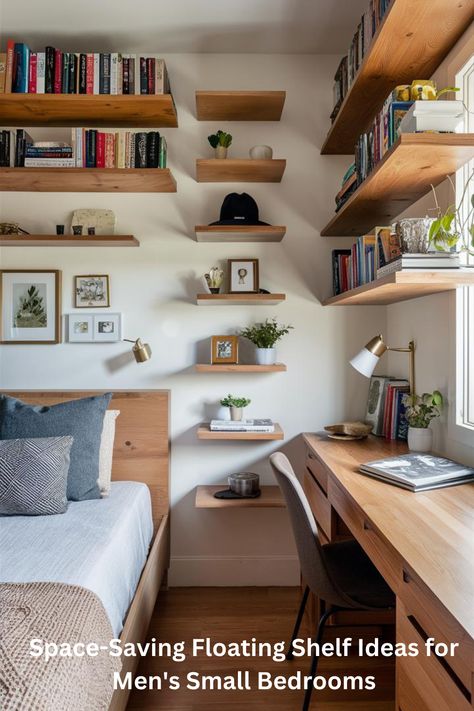 Maximize your small bedroom with stylish floating shelves! 📚🏠 Perfect for men who want both function and flair. These smart storage solutions:

Free up valuable floor space
Add a modern, masculine touch
Ideal for books, decor, and essentials
Look great above beds or desks

Pro tip: Choose natural wood shelves for warmth and character. Match the stain to your existing furniture for a cohesive look.. Click for inspiration! #SmallBedroomIdeasForMen #FloatingShelves #SpaceSavingDecor Book Shelf Ideas Above Bed, Bedroom Wall With Shelves, Shelving Bedroom Ideas, Floating Shelves Ideas Bedroom, Bedroom With Shelves On Wall, Small Bedroom Ideas Desk, Shelves In Boys Bedroom, Bedroom Wall Shelving, Small Bedroom Shelves