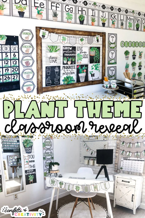 Be inspired to fill your classroom with all things succulents, cacti and tranquility with my plant themed classroom decor reveal! The cohesiveness of the bundle will truly put your mind at ease, from the beautiful succulent calendar to the motivational posters filled with love, everything blooms to perfection. Check it out here! #plantclassroom #classroomdecor #classroomreveal #classroominspiration Plant Decor Classroom Ideas, Succulent Classroom Decor Ideas, Elementary Classroom Decor Plants, Succulents Classroom Decor, Plant Themed Classroom Ideas, Grow Theme Classroom, Relaxing Classroom Theme, Plant Theme Bulletin Board, Growth Classroom Theme