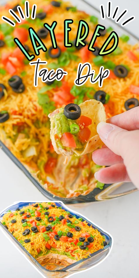 This Layered Taco Dip Will Take Taco Tuesday to The Next Level Mexican Mess Dip, Layered Chip Dip, Layered Bean Dip Recipe Easy 7, Layered Taco Dip Recipe, Dip For Large Crowd, 6 Layer Dip, Taco Layer Dip Easy, Five Layer Dip, Taco Tray Ideas