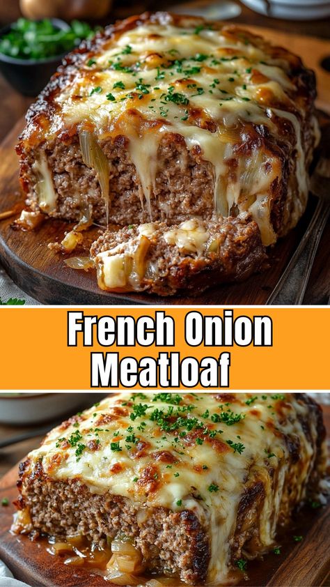 French Onion Meatloaf: A Delicious Twist on a Classic! - Delicious Recipes - Easy Cooking Ideas and Tasty Dishes French Fried Onion Meatloaf, French Onion Meatloaf, Easy Cooking Ideas, Stuffed Meatloaf, Good Meatloaf Recipe, Dish Ideas, Best Meatloaf, Hamburger Meat, Gooey Cheese