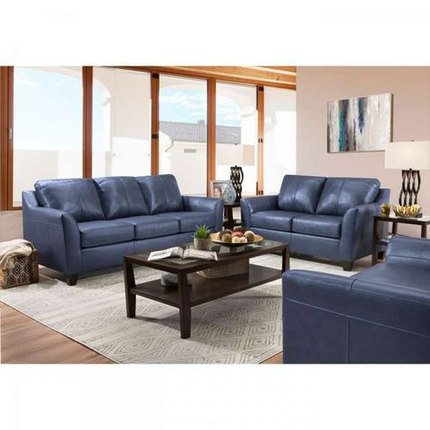 Navy Blue Living Room Furniture, Florida Room Decor, Blue Living Room Furniture, Blue Leather Couch, Blue Living Room Sets, Leather Couch Living Room Decor, Blue Furniture Living Room, Blue Couch Living, Brown Leather Couch Living Room