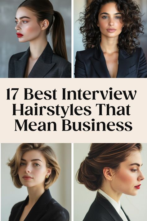 17 professional hairstyles for interview success, featuring various looks for different hair lengths. Semi Professional Hairstyles, Hairstyles For Job Interview Simple, Women In Suits Hairstyles, Outfit For Tv Interview For Women, Interview Hairstyles Shoulder Length, Professional Womens Hairstyles, Job Interview Hairstyles For Short Hair, Ceo Headshots Women, Jon Interview Outfit Women