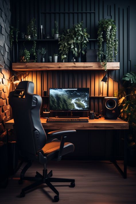 Office Nature, Workspace Ideas, Modern Home Offices, Home Studio Setup, Man Office, Gaming Office, Black Office, Computer Room, Studio Room