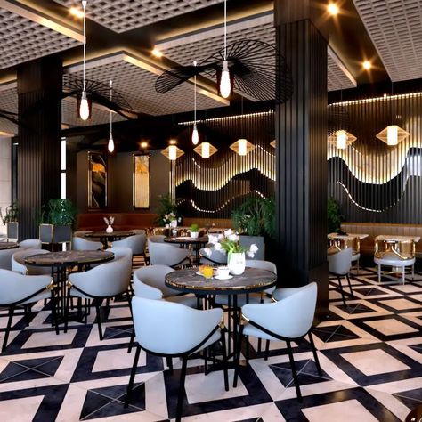 Cafeteria Design Ideas Interiors, Modern Bistro Interior Design, Classical Restaurant Interior, Black And White Restaurant Interior, Restaurant Interior Design Modern Ideas, Classic Cafe Interior, Ceiling Design For Restaurant, Luxury Restaurant Interior Design Modern, Luxury Cafe Interior Design