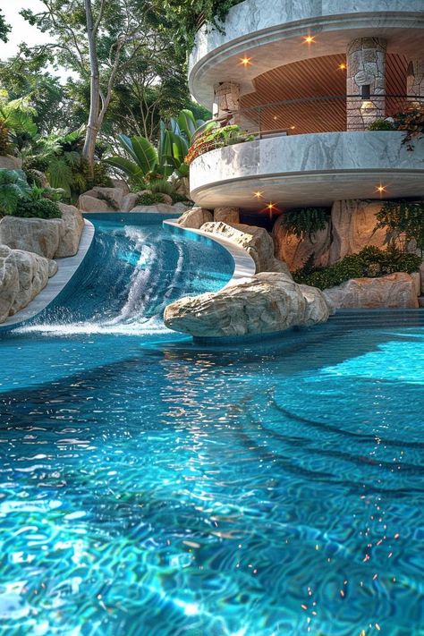 15 Modern Pool Designs Transforming Your Backyard 15 Home Pool Indoor, Pool From Above, Beautiful Pools Backyard Luxury, Modern Pool Slide, Big Pool Ideas, Pool Houses Interior, Interior Pool Design, Amazing Pools Backyard Luxury, Lagoon Pool Backyard