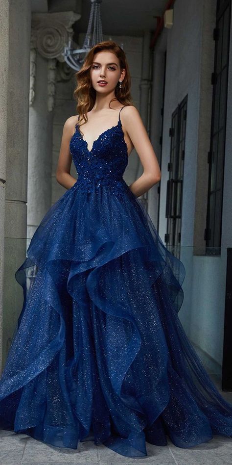 15 Dreamy Blue Wedding Dresses To Inspire :heart: navyblue wedding dresses ball gown with spaghetti straps lace top ruffled skirt digiobridal :heart: #weddingdresses #bridaldresses #weddinggown Blue Grad Dresses, Navy Blue Wedding Dress, Blue Wedding Dress Royal, Pretty Blue Dress, Minimal Stil, Blue Wedding Gowns, Blue Ball Gowns, Deb Dresses, Stunning Prom Dresses