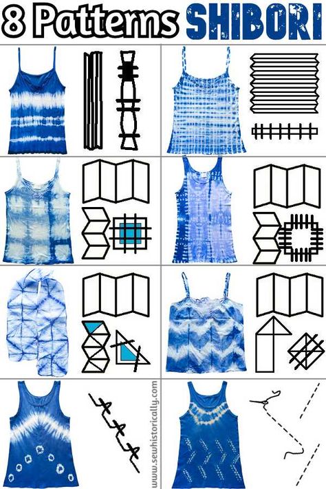 8 Patterns - Easy Shibori Tie Dye Folding Techniques - Sew Historically Tie Dyeing Techniques, Japanese Tie Dye, How To Set Dye In Fabric, How To Shibori Tie Dye, Tie Dye Stripes Pattern, Tie And Dye Patterns, Tye Dye Folding Techniques, Ombre Tie Dye Techniques, Tie Dye Tank Top Diy