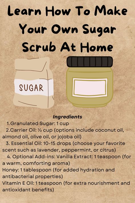 Here are the ingredients to make your own sugar scrub at home. For instructions, click Read It ♡ Body Scrub Diy Recipes, Diy Sugar Scrub Recipe Easy, Make Your Own Sugar Scrub, Hand Scrub Diy, Scrub At Home, Body Scrub Homemade Recipes, Sugar Scrub Homemade Recipe, Homemade Scrubs, Shower Care