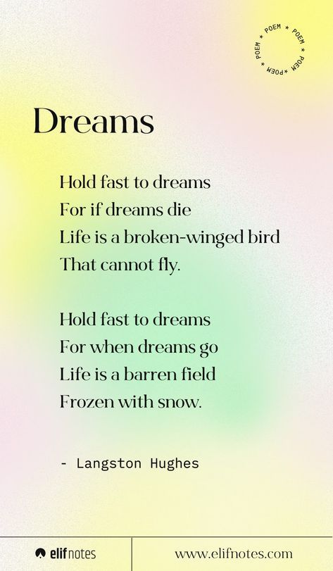 Poems About Students, English Poem For Magazine, Poems About Dreams Inspiration, Self Written Poems In English, Dreams Langston Hughes, Poem About Dreams In Life, Poem With Author, Short Poem In English, Poems On Dreams