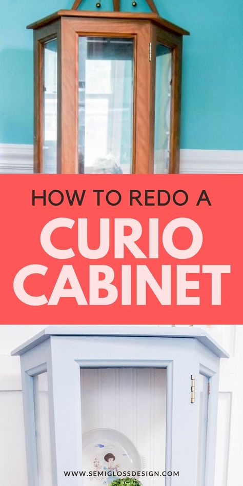 Got an old curio cabinet that needs a makeover? Learn how I updated this old display cabinet with paint and wallpaper. Kerio Cabinet, How To Paint A Curio Cabinet, Diy Curio Cabinet Makeover, Upcycled Curio Cabinet Ideas, Redo Curio Cabinet Ideas, Updated Curio Cabinet Ideas, Display Case Makeover, Painting Curio Cabinet Ideas, Small Curio Cabinet Makeover