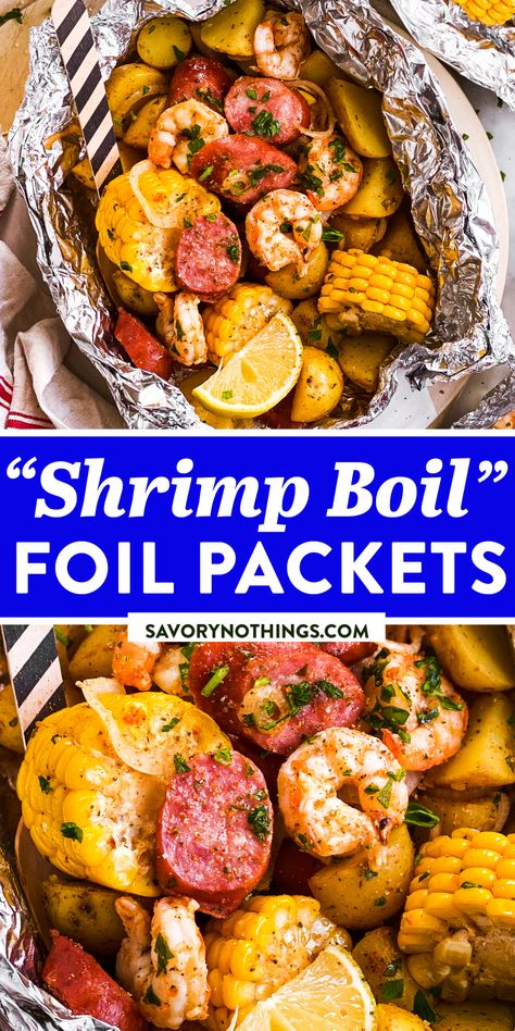 Shrimp Foil Packets Oven, Shrimp Boil Foil Packets, Smoked Sausage And Potatoes, Shrimp Boil Foil, Sausage And Potatoes, Foil Pack Dinners, Camping Meal, Foil Packet Dinners, Foil Pack Meals