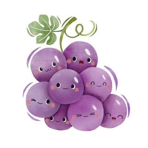 Grape Cartoon Drawing, Kawaii Fruit Drawing, Fruit Cute Drawing, Fruit Drawing Cute, Grape Character, Cute Fruit Drawings, Grape Cartoon, Cute Fruit Illustration, Grapes Illustration