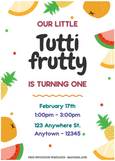 Free (Free Editable PDF) Fun Tutti Frutti Birthday Invitation Templates #free #freeinvitation2019 #birthday #disney #invitations #invitationtemplates Twotti Fruity, Tutti Frutti Birthday Party, Tutti Frutti Party, Neutral Birthday, Fruit Birthday Party, Watermelon Birthday Parties, Fruit Birthday, Fun Party Themes, Colorful Invitations