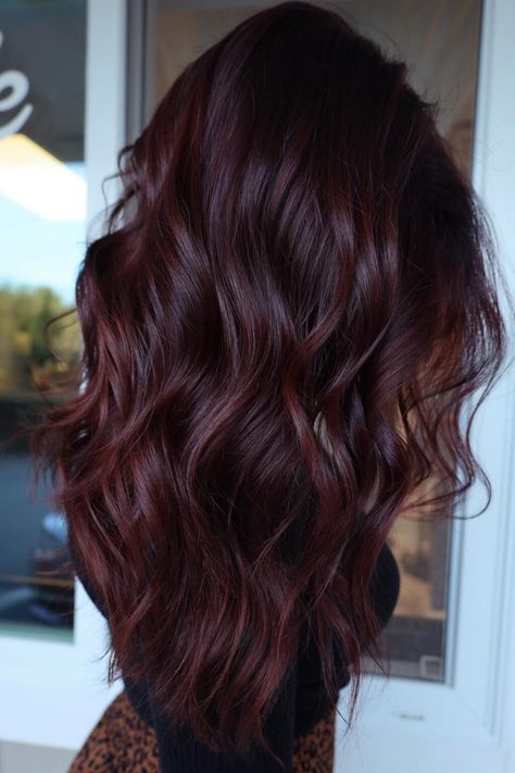 30 Gorgeous Brown Hair Color Ideas You Need To See - Flo's Blog Mahogany Violet Hair Color, Dark Brown Hair With Red Violet Balayage, Red Brunette Hair Balayage, Chocolate Burgundy Hair Brunettes, Raspberry Brown Hair Color, Hair Color Burgundy Brown, Hair Color Ideas Red And Brown, Burgundy Hair With Blue Eyes, Deep Red Brunette Hair