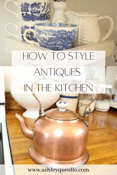 Antique Utensil Display, Kitchen Utensil Display Ideas, How To Display Teapots, Displaying Old Kitchen Utensils, Cake Dish Decor Ideas, Stone Crocks Decor Ideas, Vintage Pitcher And Bowl, Decorating With Crocks Kitchen, Blue And White Dishes Display