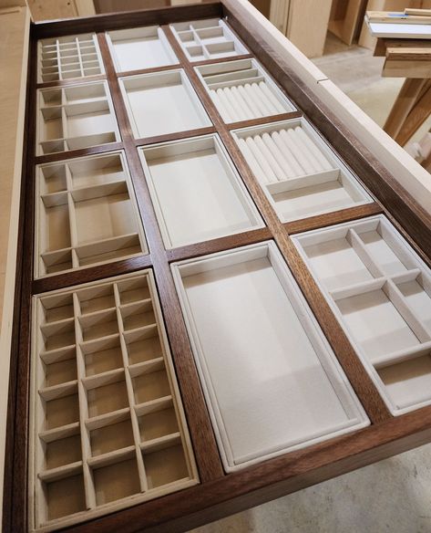 🌟 Check out this future epic closet! 🌟 Custom drawers straight from our woodshop feature handmade inserts for jewelry, purses, and belts! 👗👠👜 ⁠ ⁠ Talk about organizing in style😍✨ We can't wait to show you the full design!⁠ ⁠ #EpicCloset #CustomCloset #ClosetGoals #CustomMade #WoodShop #Organization #LuxuryLiving #ClosetInspo Shoe Storage In Dressing Room, Jewelry Walk In Closet, Scarf Storage Closet, Antique Dresser In Closet, Glass Top Jewelry Drawer, Closet Organization Jewelry, Jewelry Island In Closet, Jewelry Drawer Organization, Wardrobe Inserts