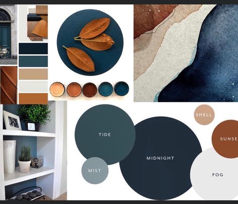 Navy Room Palette, Mountain Air Color Scheme, Unique Home Color Schemes, Blue Room Black Furniture, Rust Indigo Blush Living Room, Blue Interior Colour Palette, Cognac Living Room Color Schemes, Navy Blue Kitchen Living Room, Navy Blue Home Office Ideas