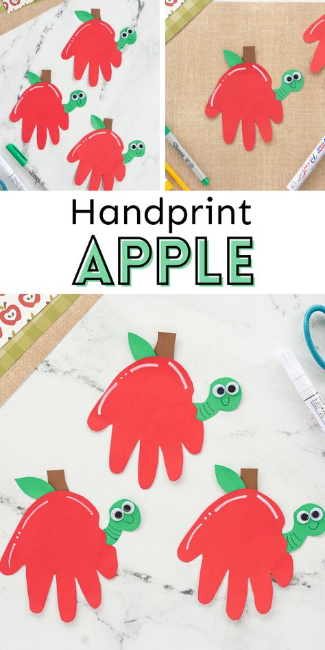 Try creating this fun handprint apple craft during fall and back-to-school season as a fun keepsake for your kids. Apple Craft For Kids, Worm Crafts, Fall Handprint Crafts, Apple Crafts, August Crafts, Prek Crafts, September Crafts, Fall Activity, Apple Craft