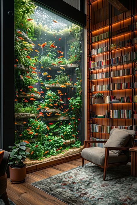 In House Aquarium, Fish Tank On Bookshelf, Aquarium Ideas Living Rooms, Bookshelf Aquarium, Fernery Ideas, Aquarium Setup Ideas, Plant Bookshelf, House Aquarium, Unique Bookshelf