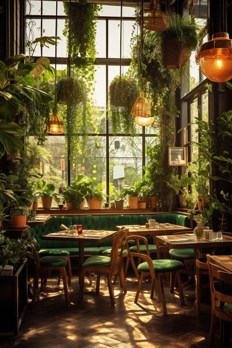 Relaxing Coffee Shop, Bakery With Plants, Stephaniecore Aesthetic, Comfy Cafe Interior, Plant Cafe Design, Coffee Bar With Plants, Plant Shop Cafe, Cozy Cafe Ideas, Natural Cafe Interior