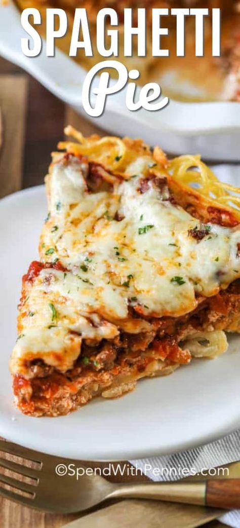 We love making this easy homemade spaghetti pie recipe for potlucks or weeknights. It's made in the oven with meat sauce, ricotta, and other delicious ingredients then baked to perfection! #spendwithpennies #spaghettipie #spaghetti #bakedspaghetti #spaghettipierecipe #italianspaghettipie #italian #pasta