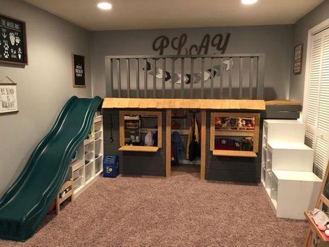 Loft Space Playroom, Playroom For Preschoolers, Indoor Play Areas Diy, Top Bunk Play Space, Toddler Play Loft, Indoor Playground Home Diy, Diy Playroom Loft With Slide, Loft Play Area Over Bed, Toyroom Ideas Boys