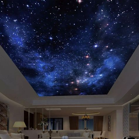 Night Sky Bedroom Ceiling Stars, Starry Sky Painted Ceiling, Galaxy False Ceiling, Night Sky Ceiling Wallpaper, Night Sky Wallpaper On Ceiling, Night Sky Lighting, Space Ceiling Light, Starry Sky Bedroom Ceiling, Starry Night Ceiling Bedrooms